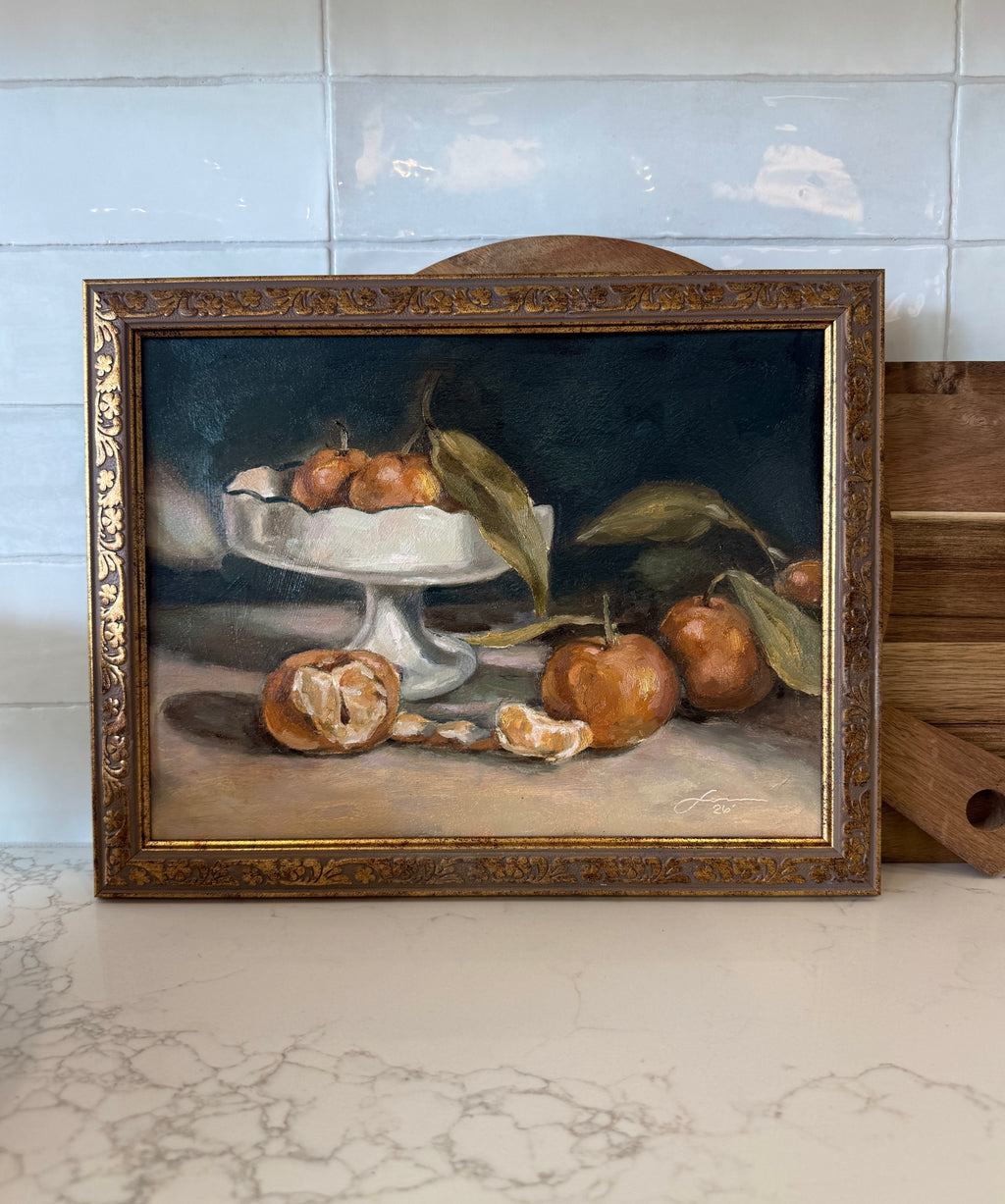 “Oranges on vintage dish” print
