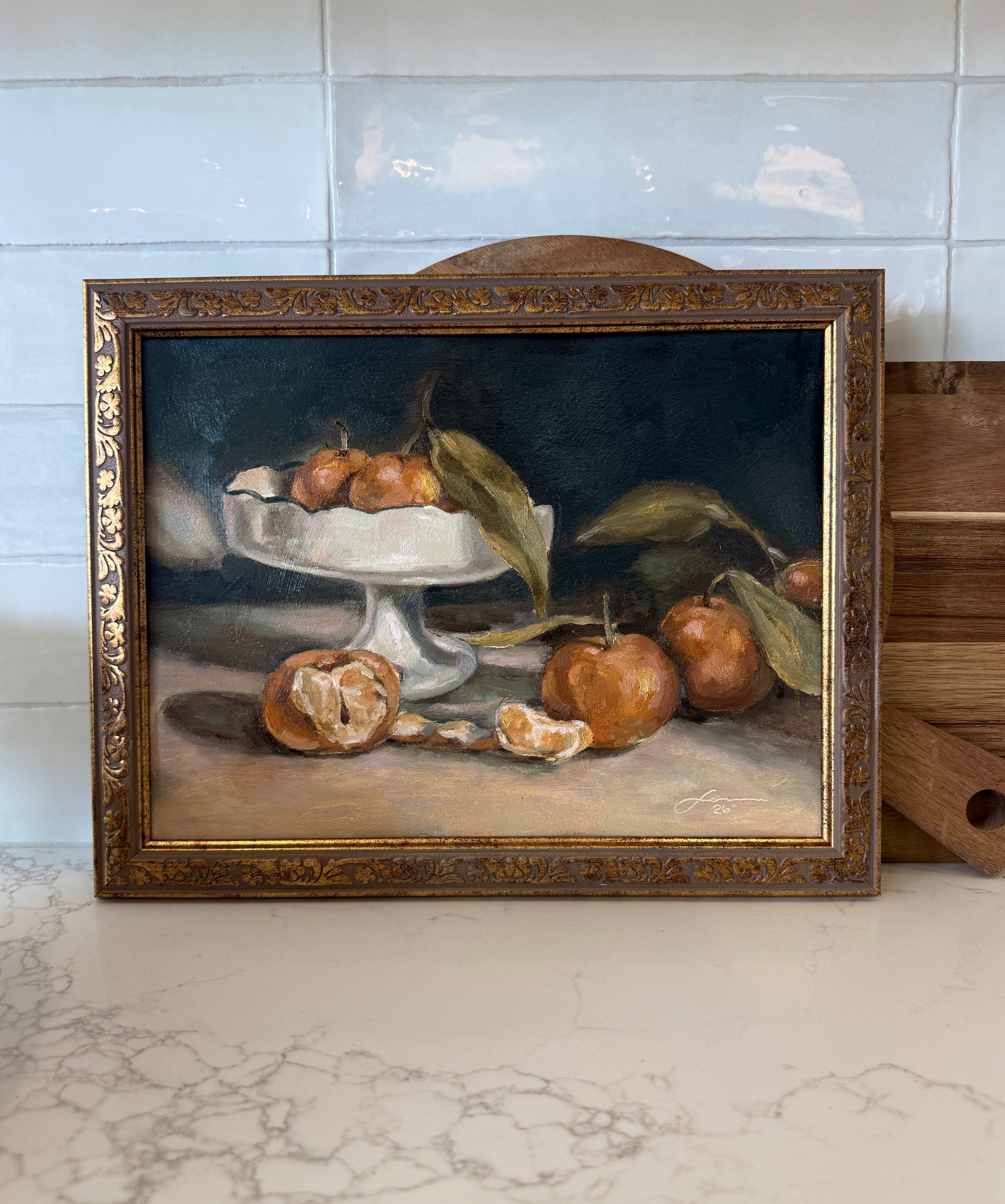 “Oranges on vintage dish” print