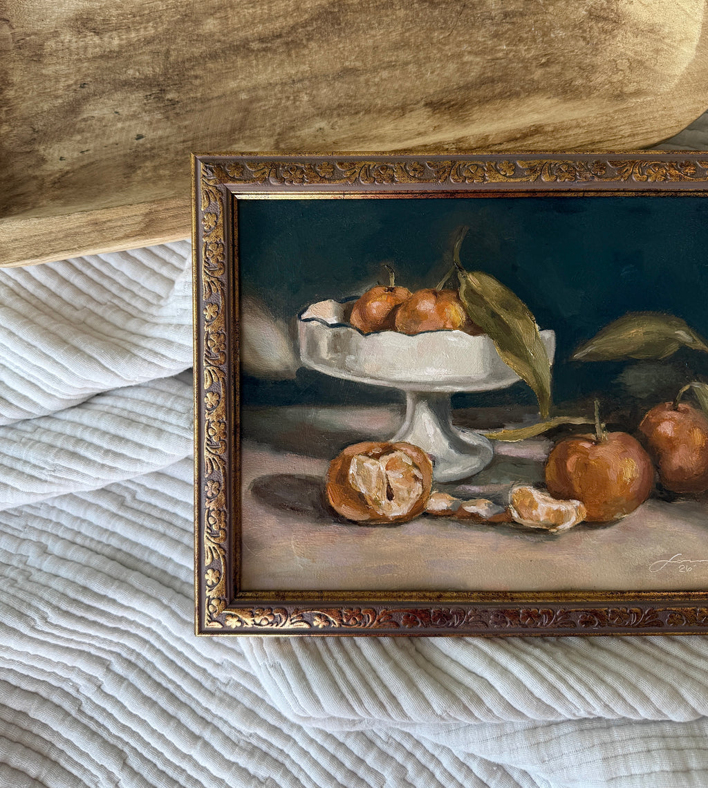 “Oranges on vintage dish” print